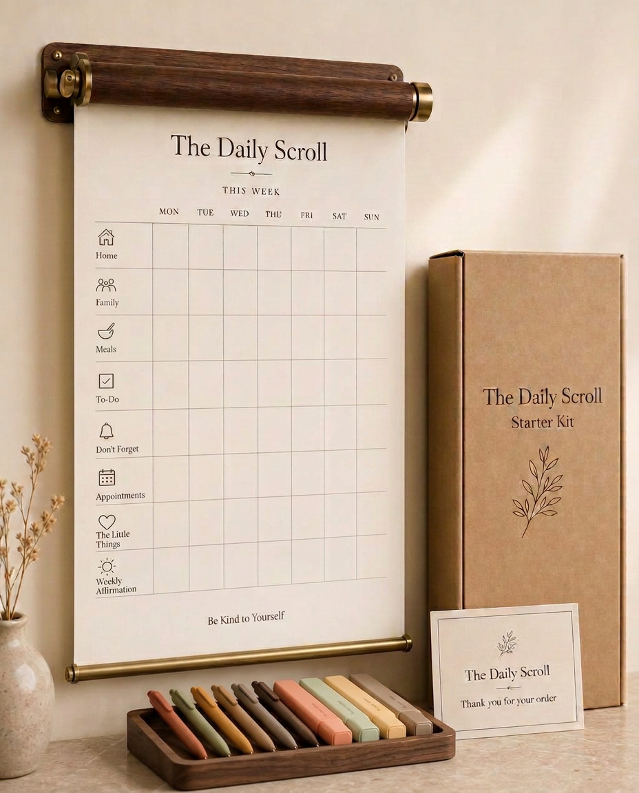 The Daily Scroll Complete Home System with scroll holder, paper weight, mounting hardware, pens, and highlighters